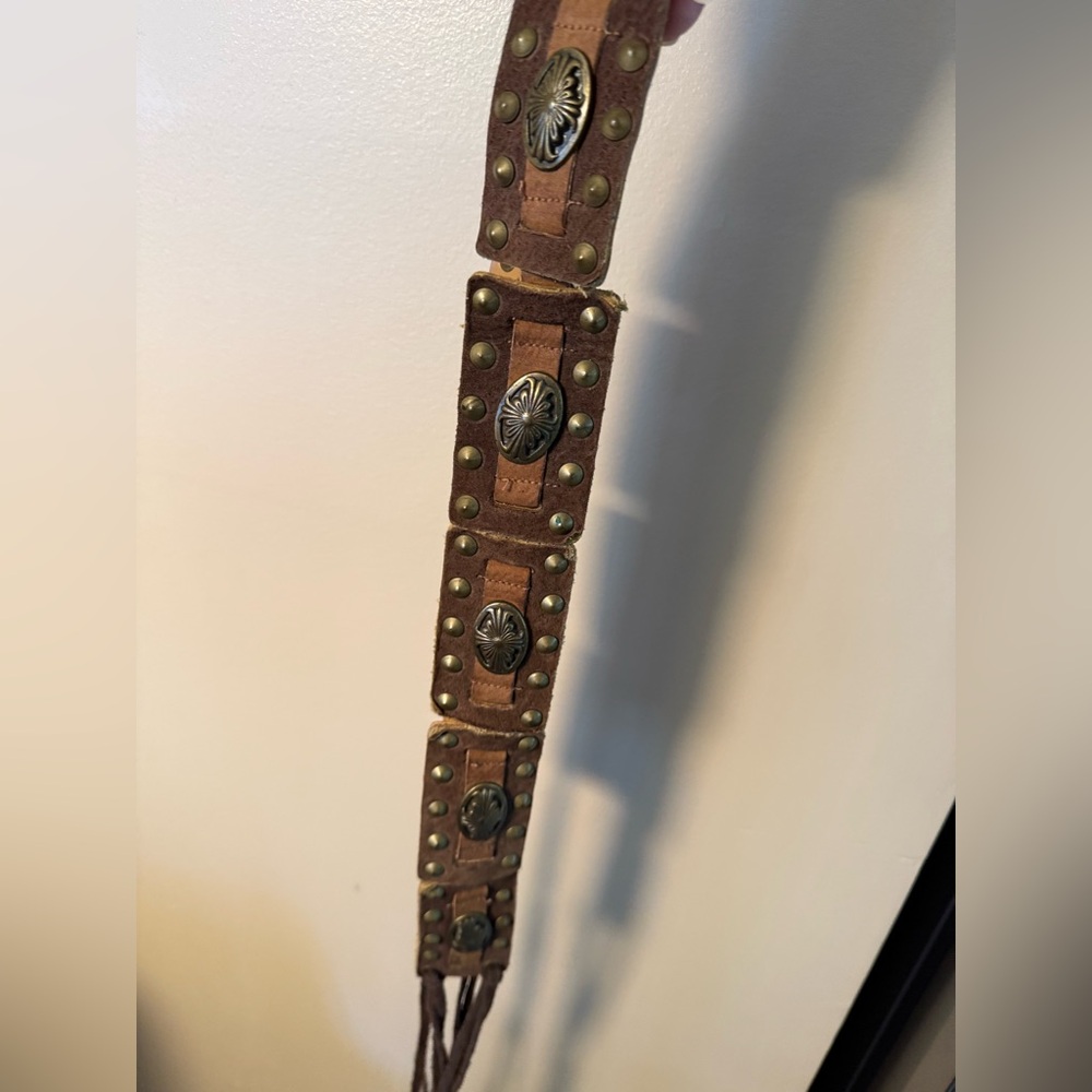 VTG Southwestern Concho Belt Brown Tan Leather  Tassel Tie Waist Studded‎ 70”